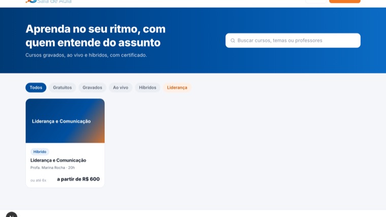 Catálogo de cursos com campo de busca e filtros por cursos gratuitos, gravados, ao vivo e híbridos