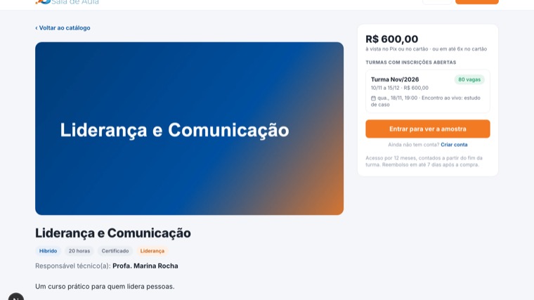 Página de um curso com formato, carga horária, certificado, turma com datas e vagas, preço e opção de ver uma amostra